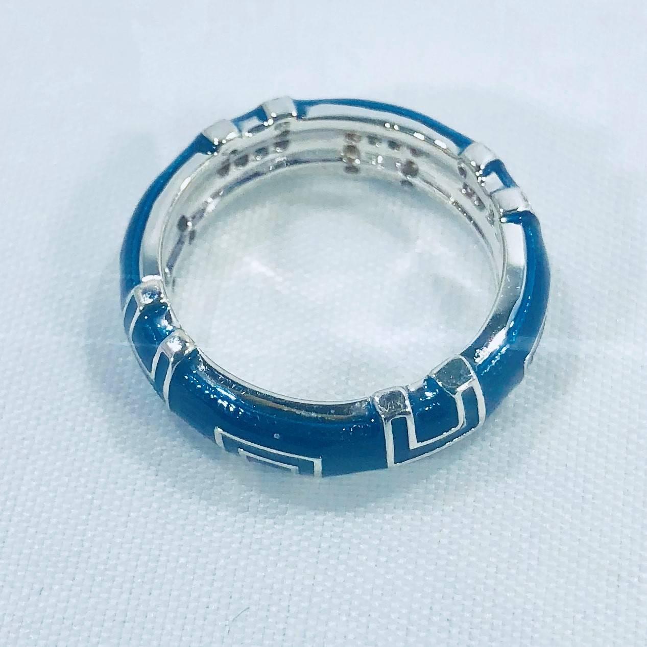 Women's or Men's Hidalgo 18 Karat White Gold and Diamond with Bright Blue Enamel Band Ring