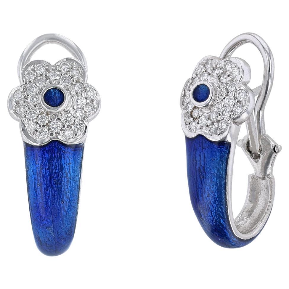 Hidalgo 18 Karat White Gold Blue Enamel 0.48 Carat Diamond Flower Clip Earrings For Sale