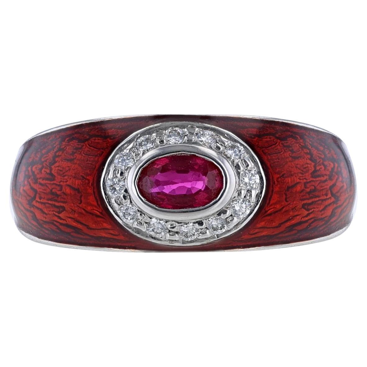 Hidalgo 18 Karat White Gold Diamond Oval Ruby Red Enamel Ring For Sale