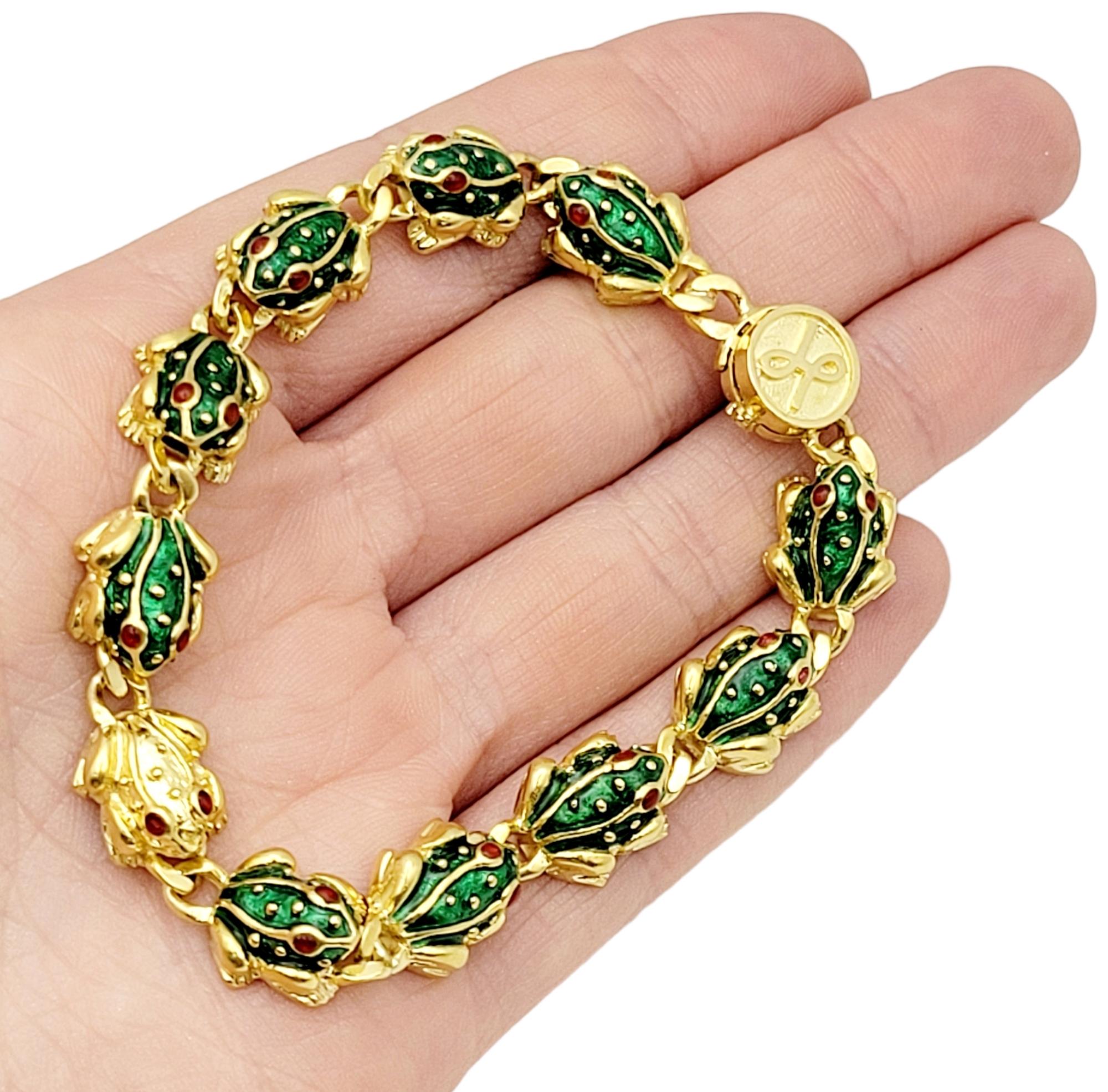 Hidalgo 18 Karat Yellow Gold 3D 11 Frog Link Bracelet with Green & Red Enamel  For Sale 5