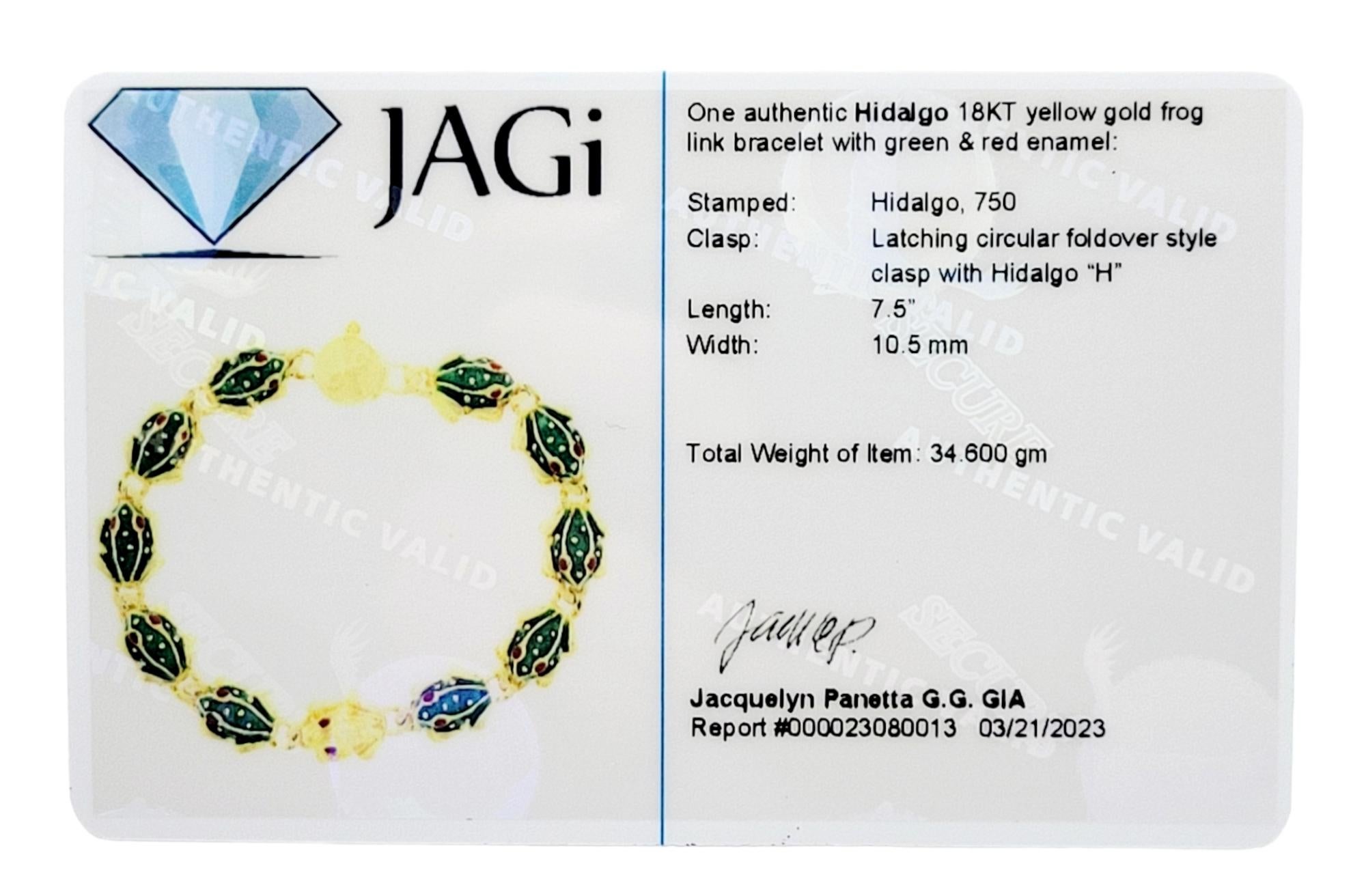 Hidalgo 18 Karat Yellow Gold 3D 11 Frog Link Bracelet with Green & Red Enamel  For Sale 7