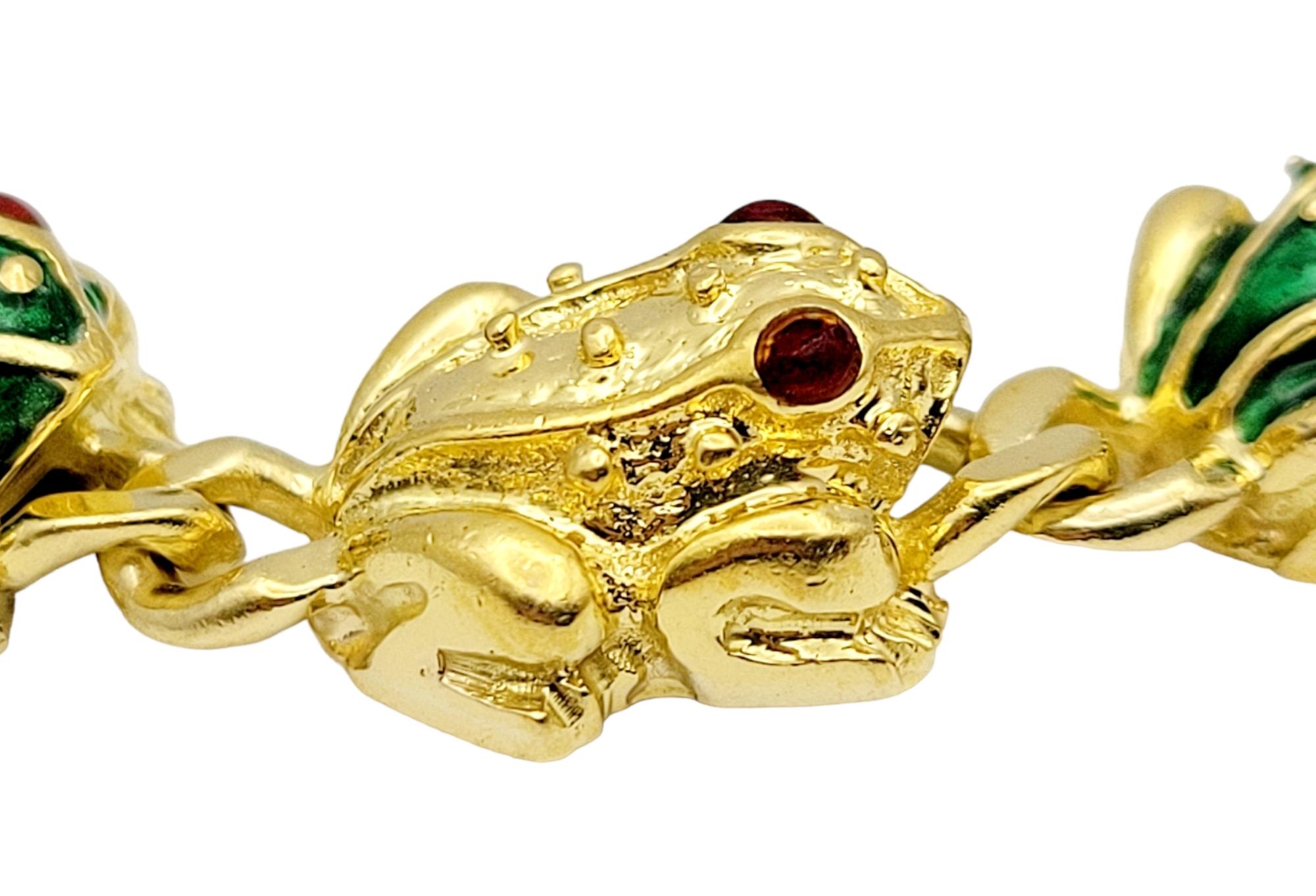 Hidalgo 18 Karat Yellow Gold 3D 11 Frog Link Bracelet with Green & Red Enamel  In Good Condition For Sale In Scottsdale, AZ