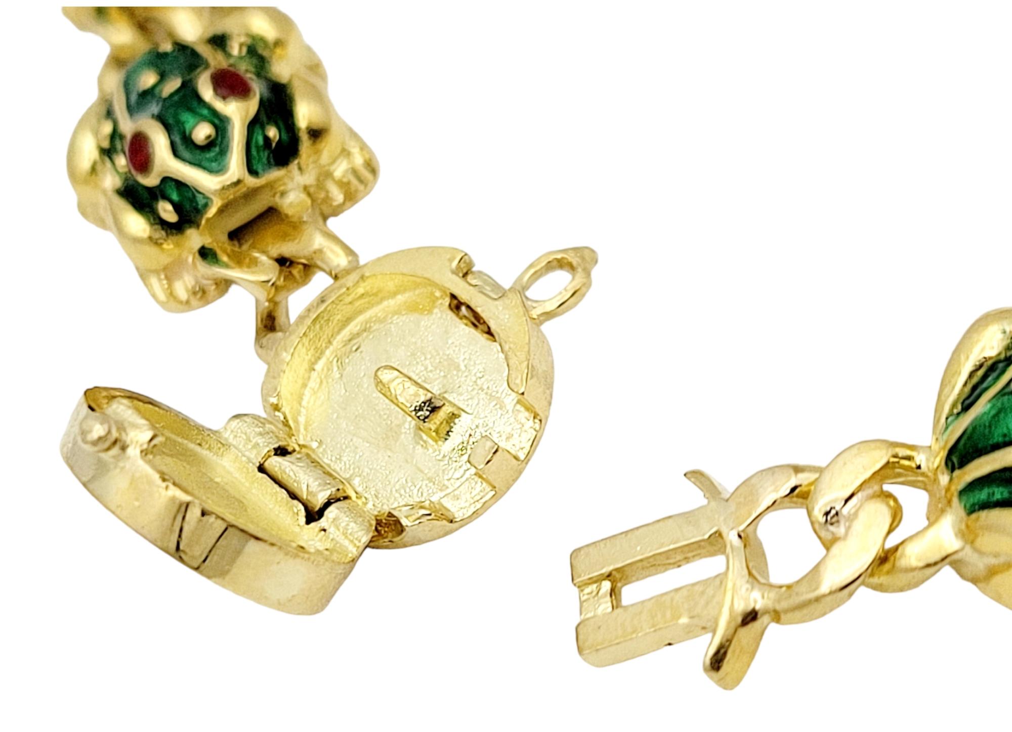 Women's or Men's Hidalgo 18 Karat Yellow Gold 3D 11 Frog Link Bracelet with Green & Red Enamel  For Sale