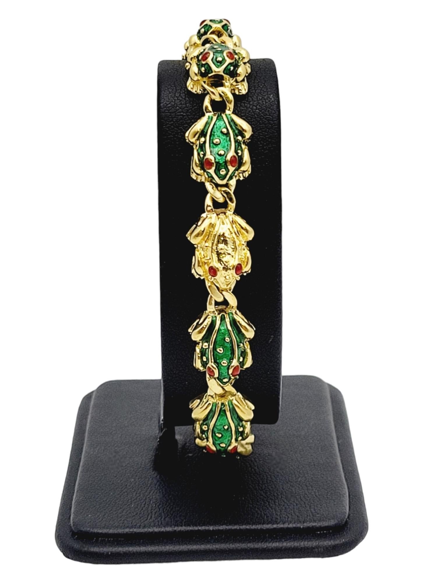 Hidalgo 18 Karat Yellow Gold 3D 11 Frog Link Bracelet with Green & Red Enamel  For Sale 2