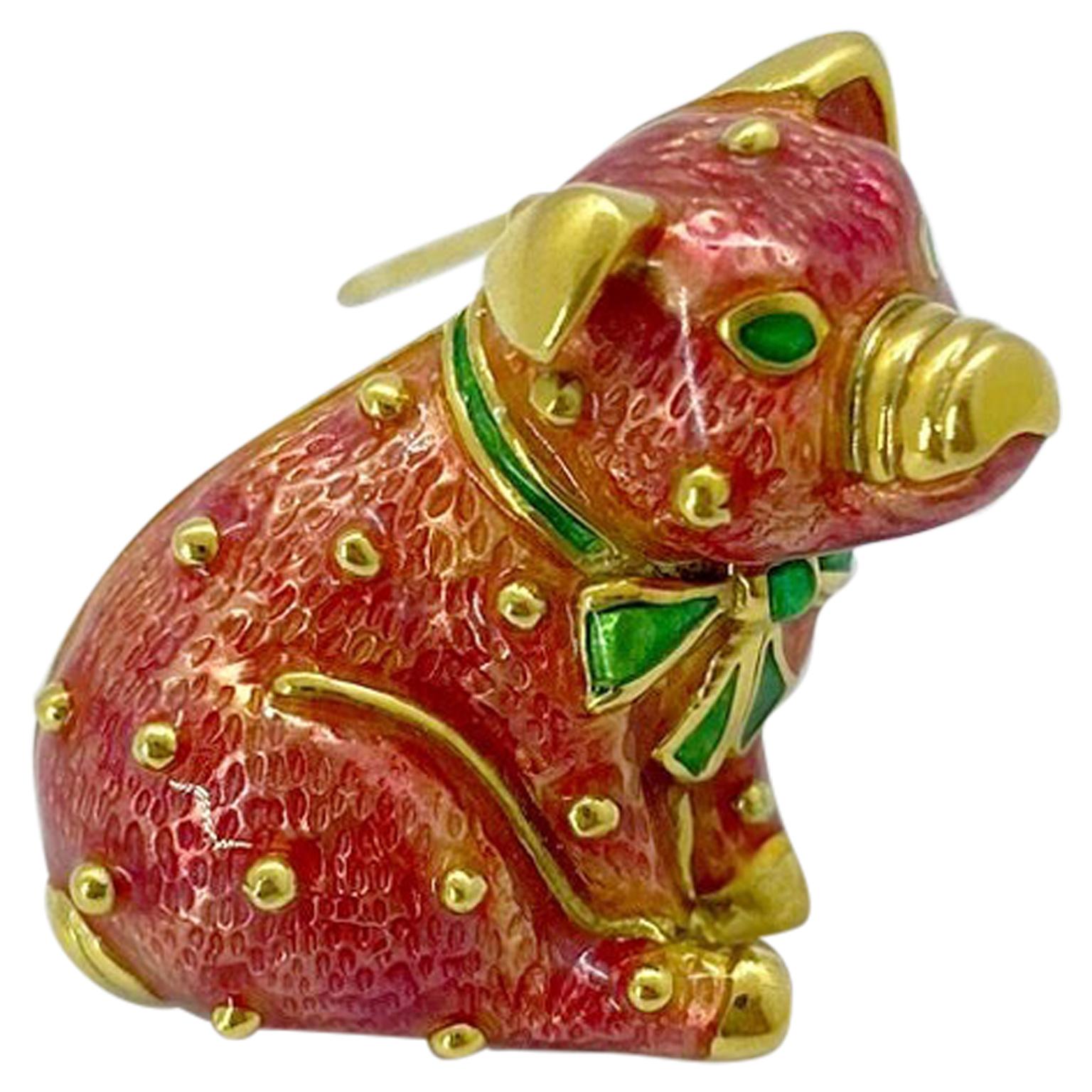 Hidalgo 18 Karat Yellow Gold and Pink Enamel Pig Brooch