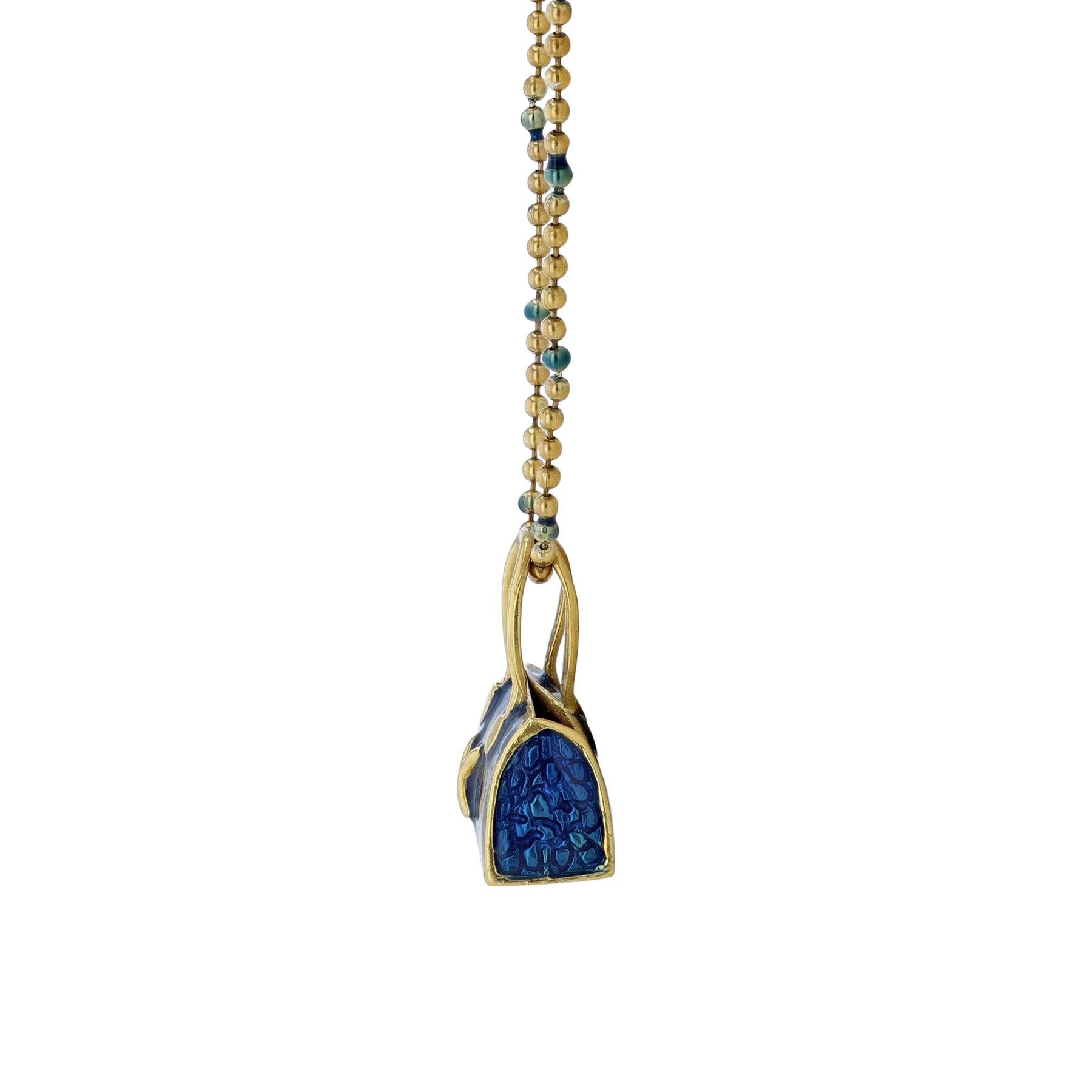 Moderne Hidalgo Collier de sac à main en or jaune 18 carats et émail bleu en vente