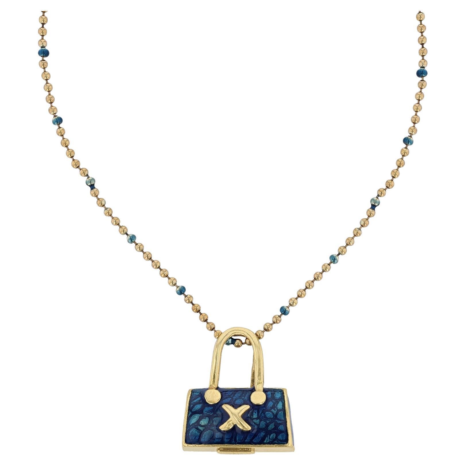 Hidalgo 18 Karat Yellow Gold Blue Enamel Handbag Necklace