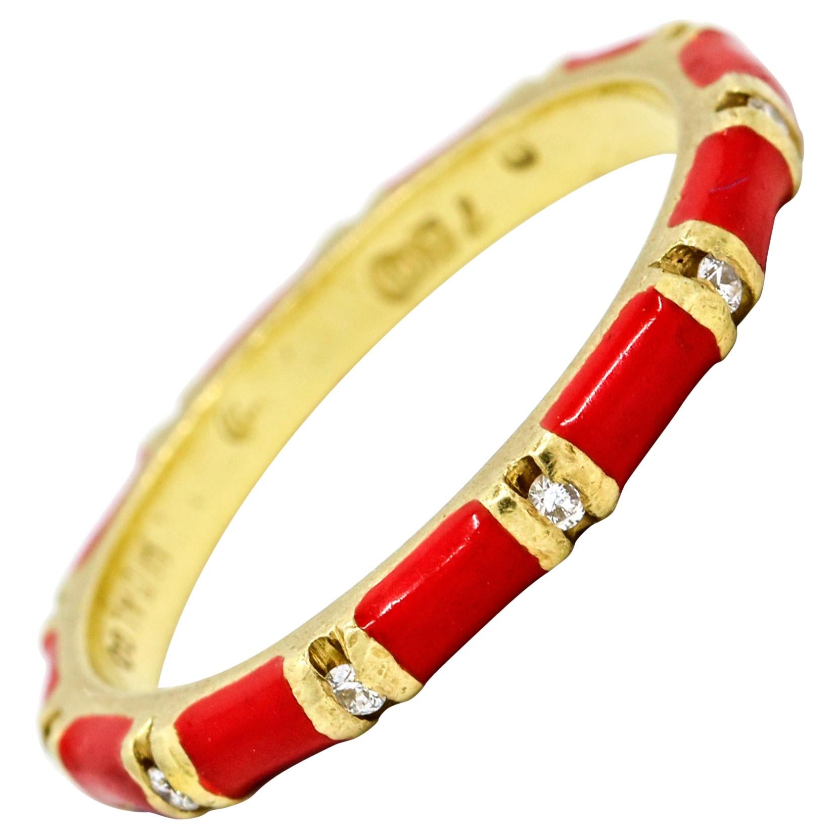 Hidalgo 18 Karat Yellow Gold Diamond Red Enamel Band Ring For Sale