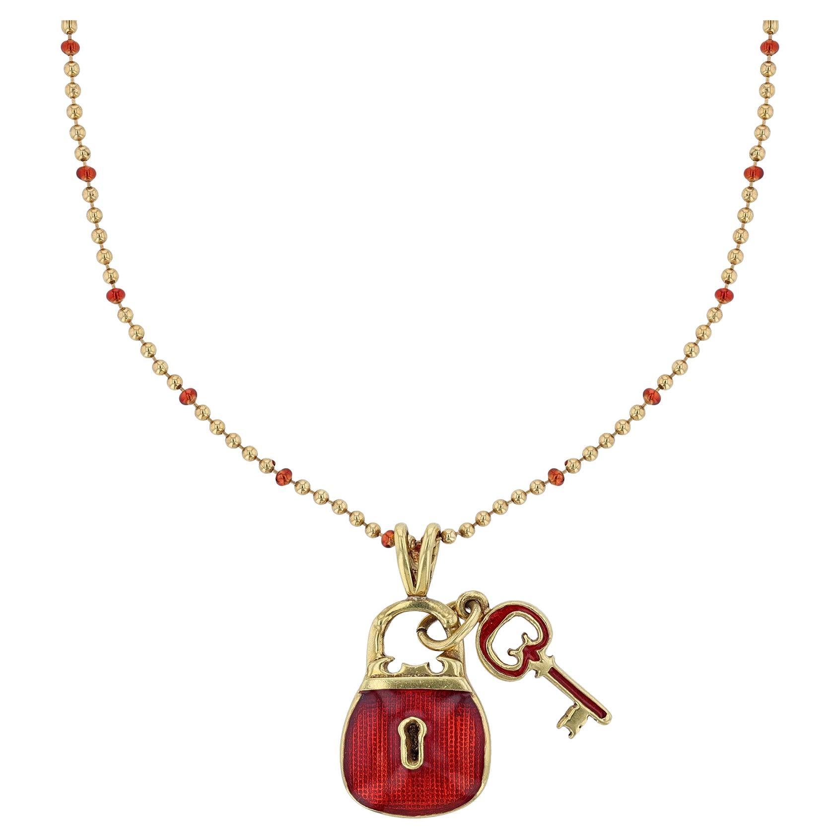 Hidalgo 18 Karat Yellow Gold Lock & Key Red Enamel Necklace For Sale