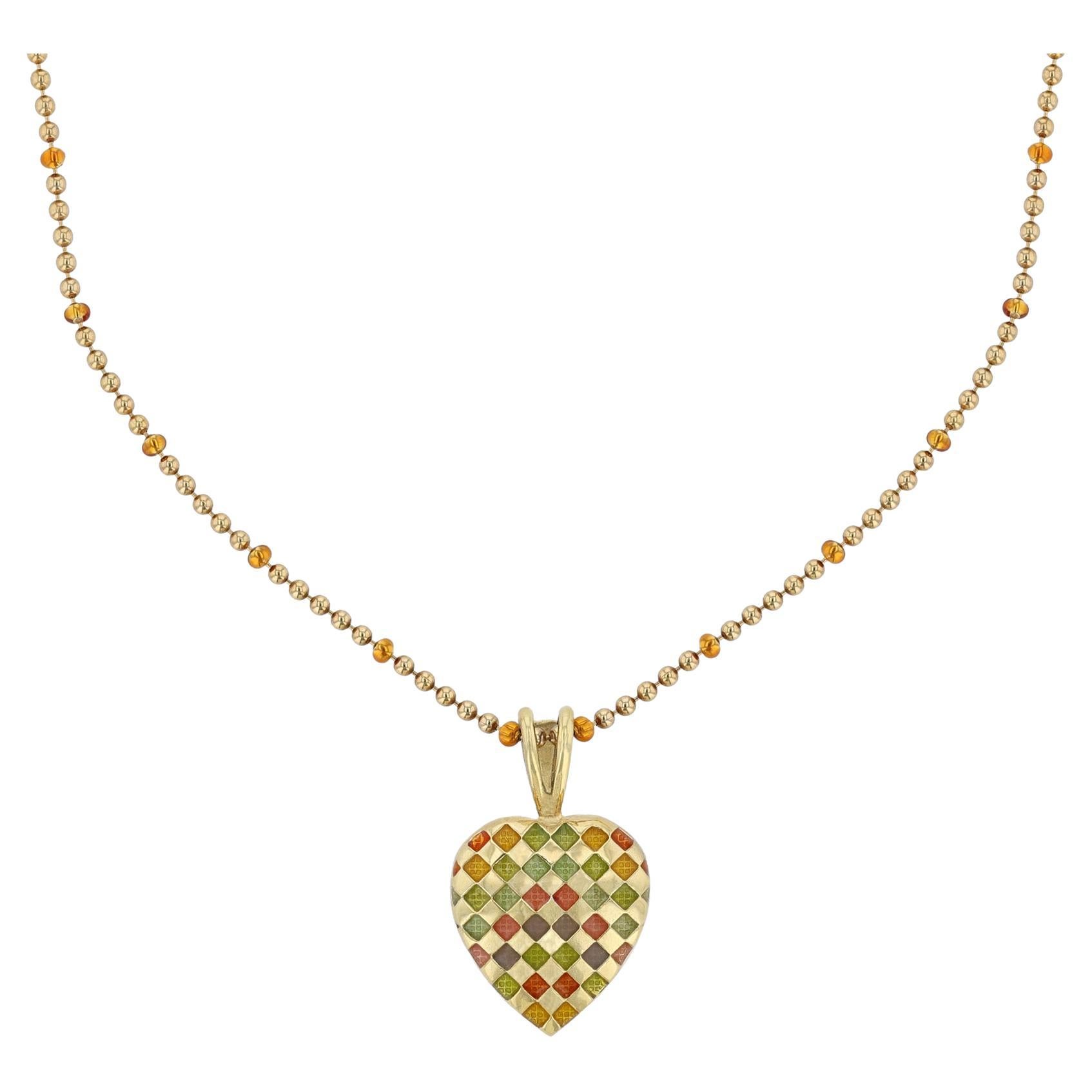 Hidalgo 18 Karat Yellow Gold Multi Color Enamel Heart Necklace For Sale