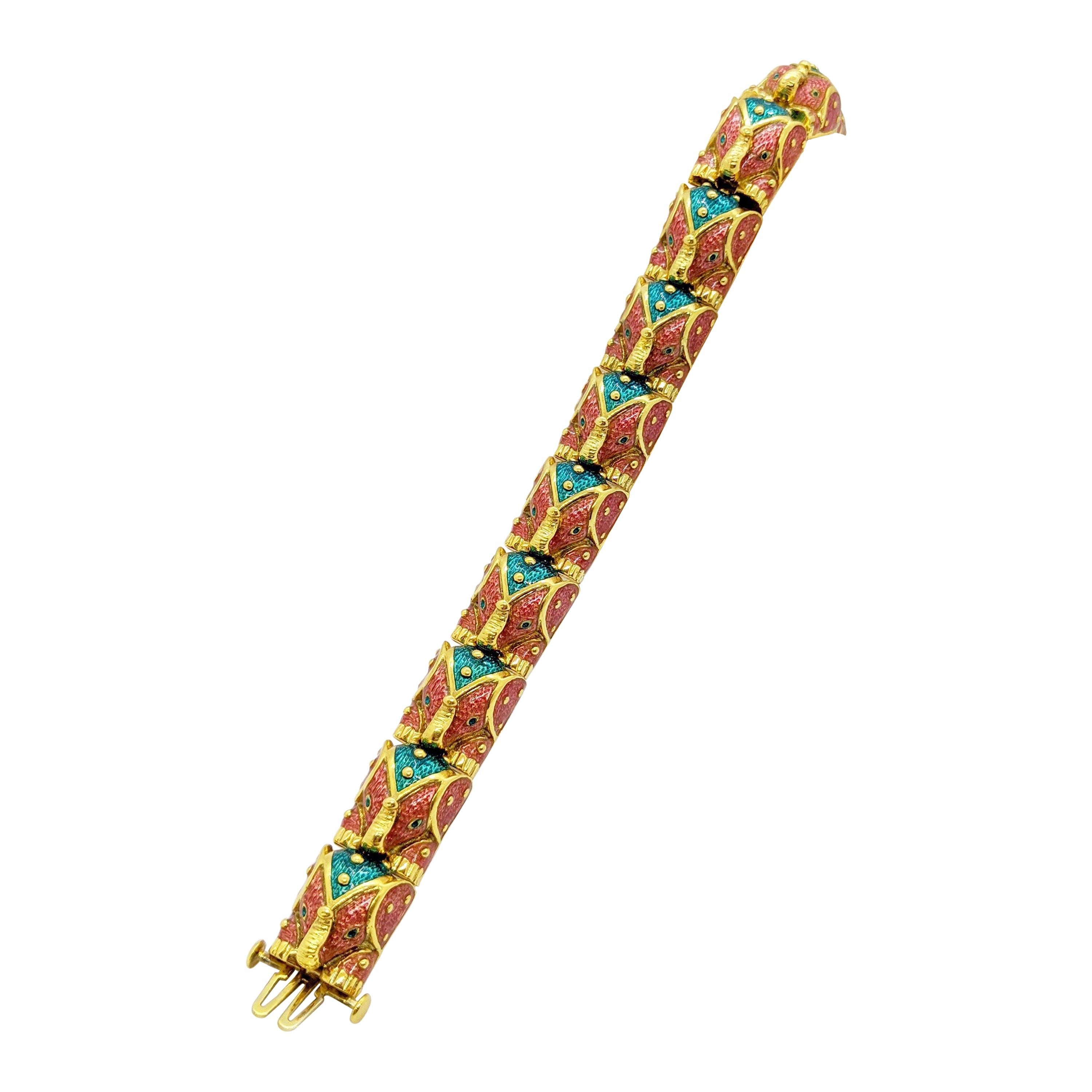 Hidalgo 18 Karat Yellow Gold, Pink and Green Enamel Elephant Bracelet For Sale