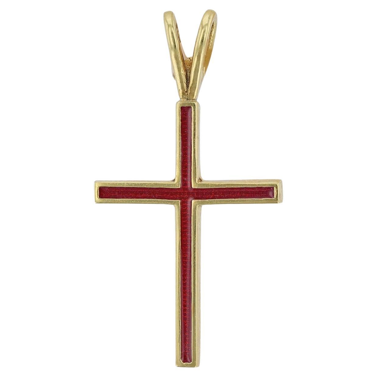 Hidalgo 18 Karat Yellow Gold Red Enamel Cross Pendant