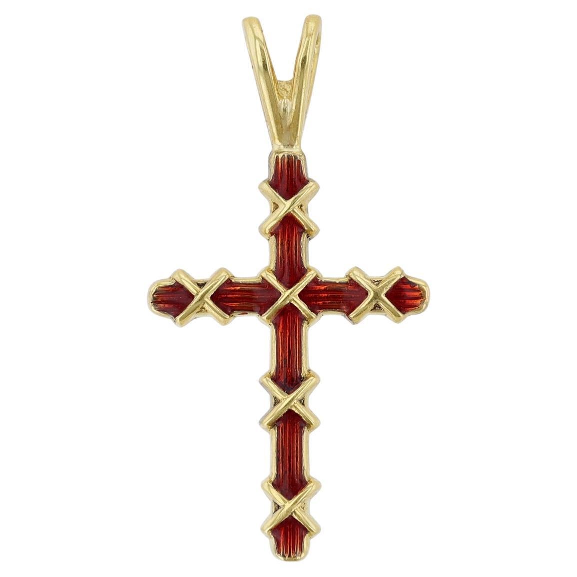 Hidalgo 18 Karat Yellow Gold Red Enamel Wrapped Cross Pendant For Sale