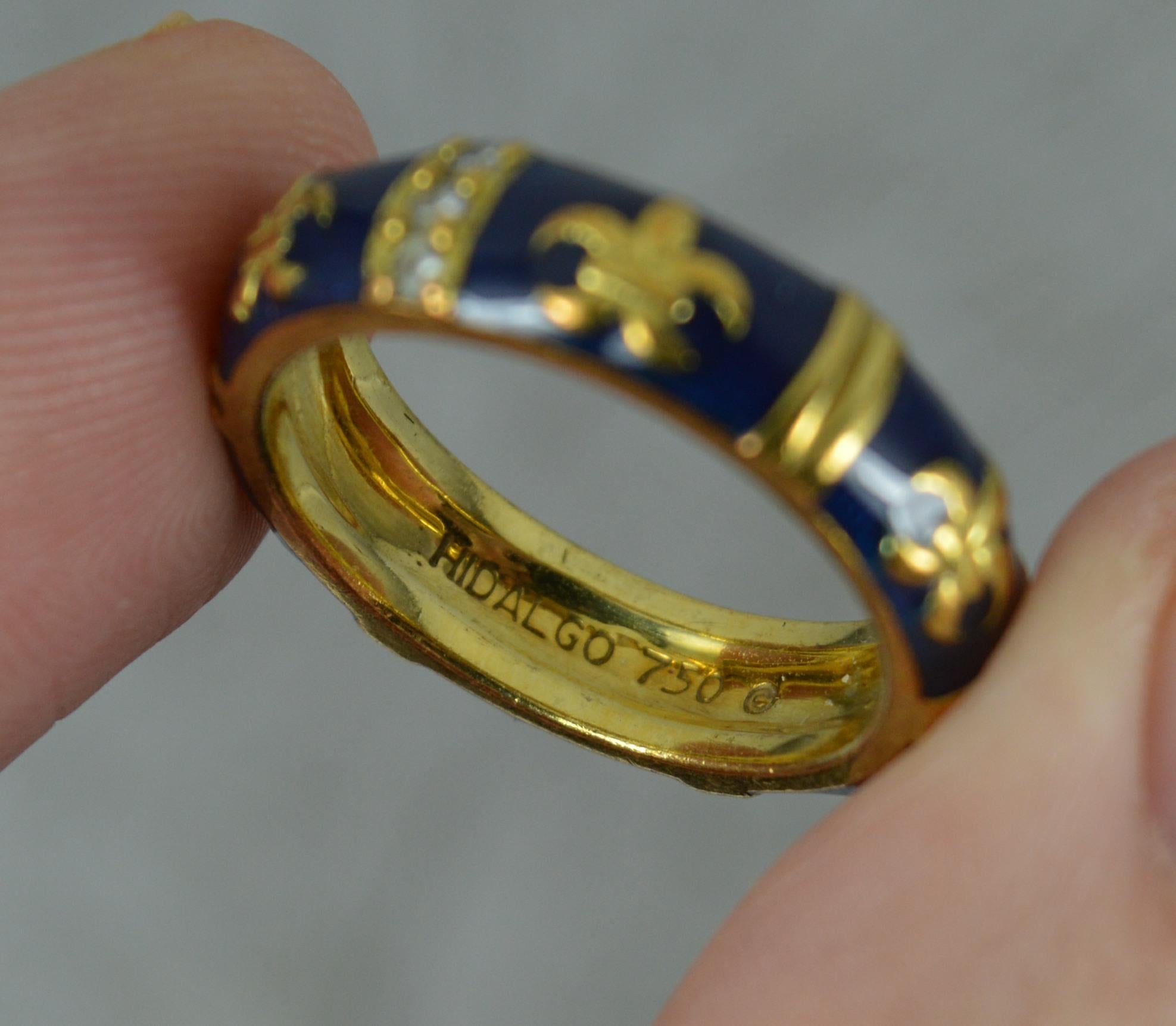 Women's Hidalgo 18 Carat Gold Diamond and Blue Enamel Fleur de Lis Stack Band Ring