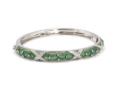 Hidalgo 18 Karat White Gold Light Green Enamel and Diamond Bangle Bracelet