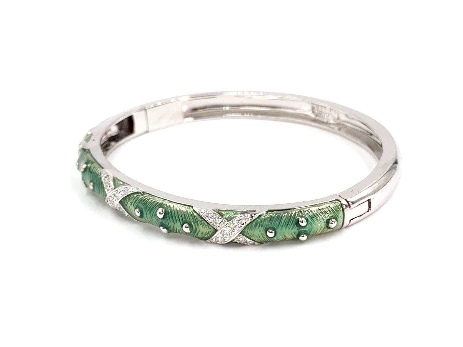 Women's Hidalgo 18 Karat White Gold Light Green Enamel and Diamond Bangle Bracelet For Sale
