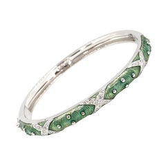 Hidalgo 18 Karat White Gold Light Green Enamel and Diamond Bangle Bracelet