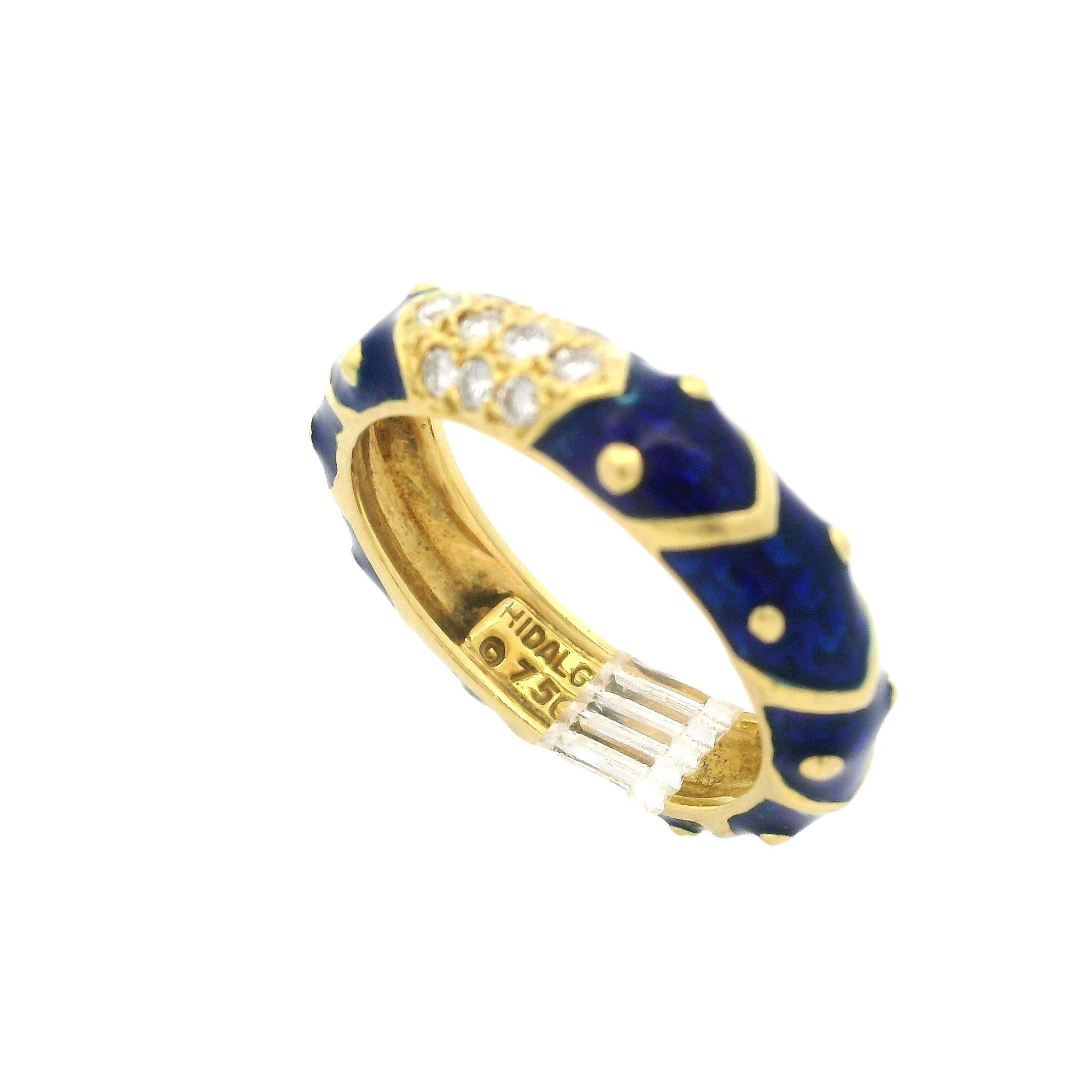 Hidalgo 18k Yellow Gold 0.15ctw Diamond & Royal Blue Enamel Band Ring In Excellent Condition For Sale In Montclair, NJ