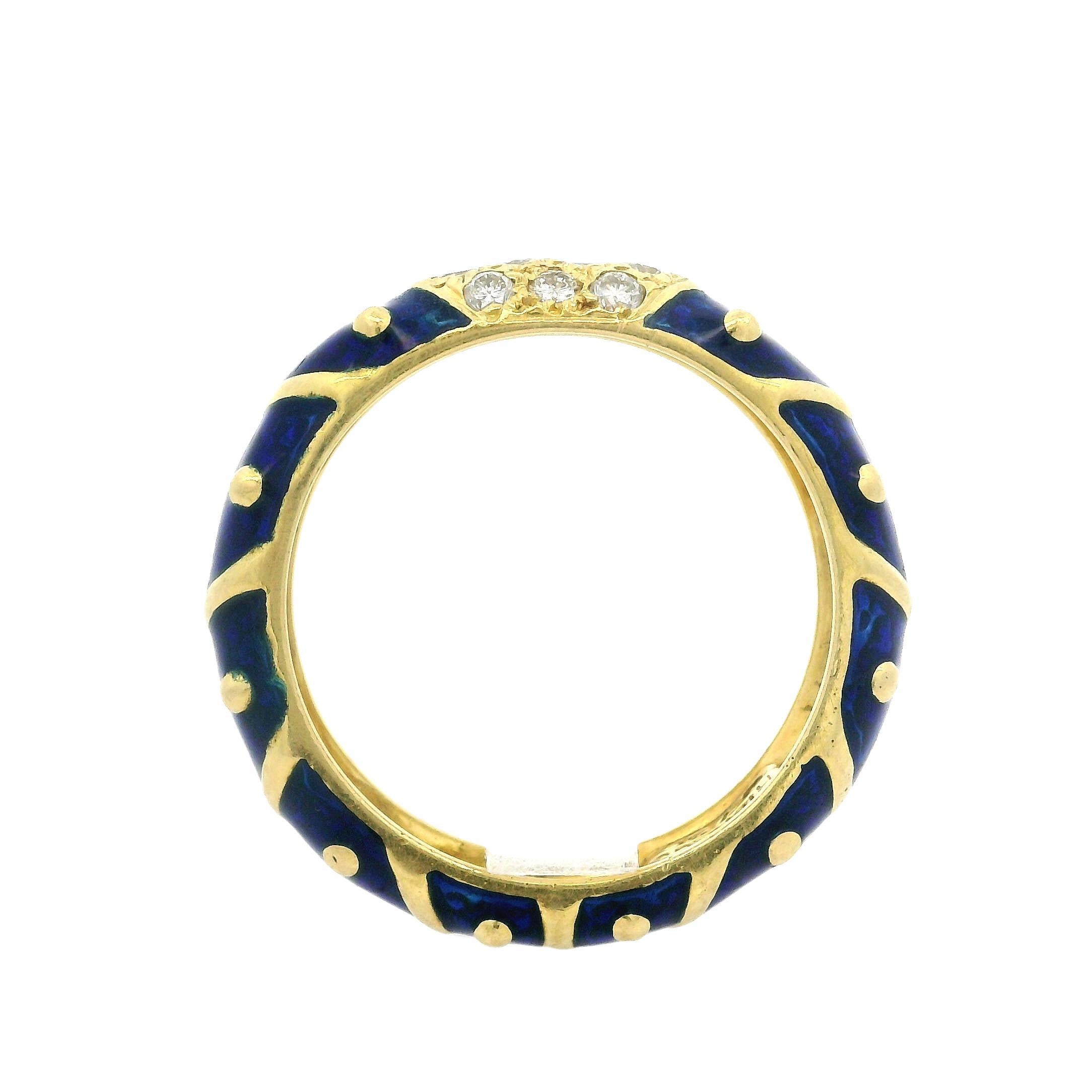 Women's Hidalgo 18k Yellow Gold 0.15ctw Diamond & Royal Blue Enamel Band Ring For Sale
