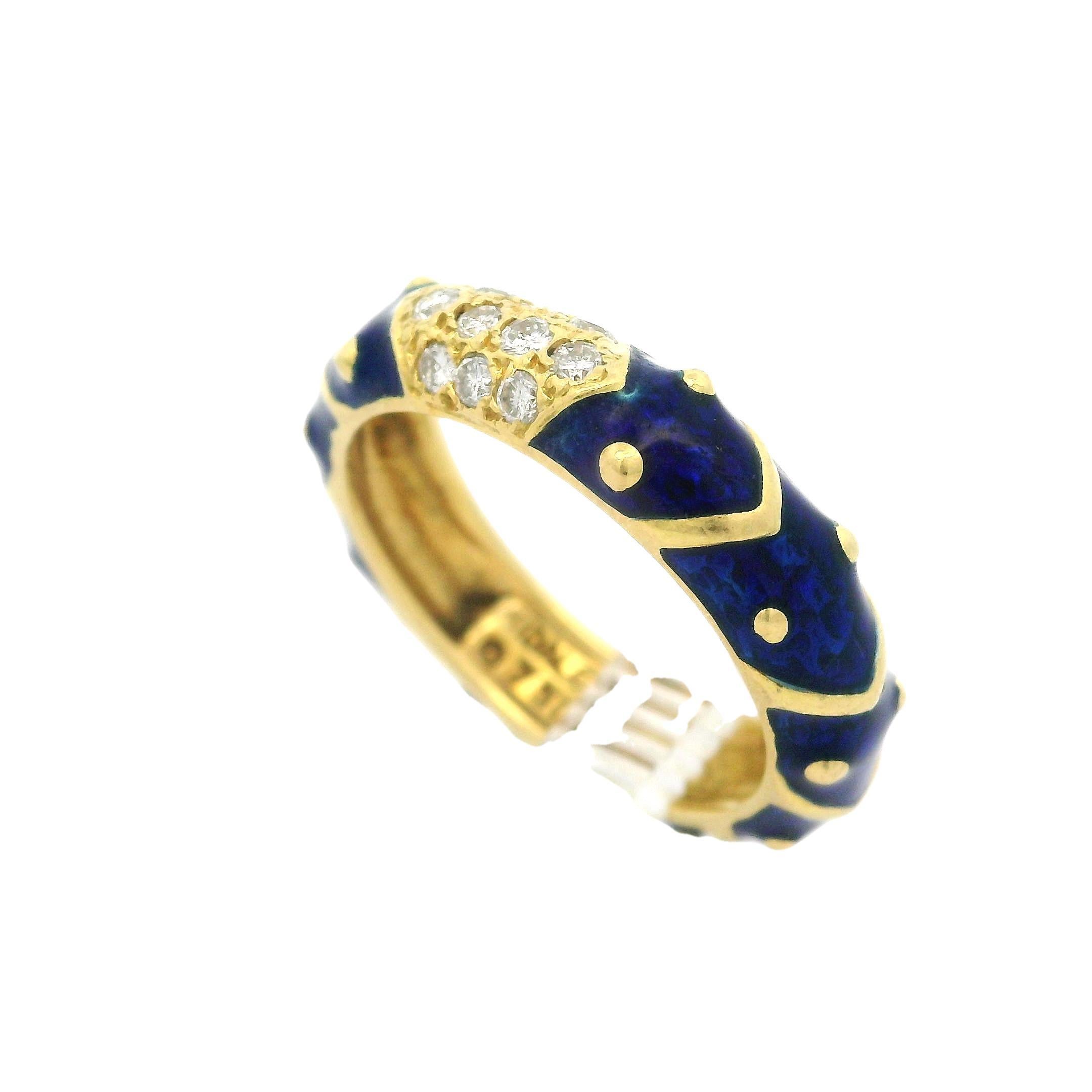 Hidalgo 18k Yellow Gold 0.15ctw Diamond & Royal Blue Enamel Band Ring For Sale 3