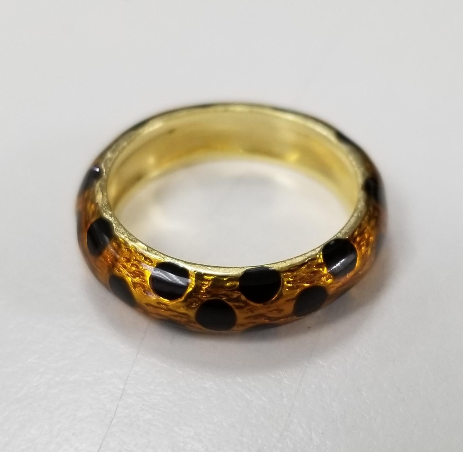 Hidalgo 18k yellow gold and enamel ring with orange leopard and black enamel over gold.  ring size is 7 1/4
