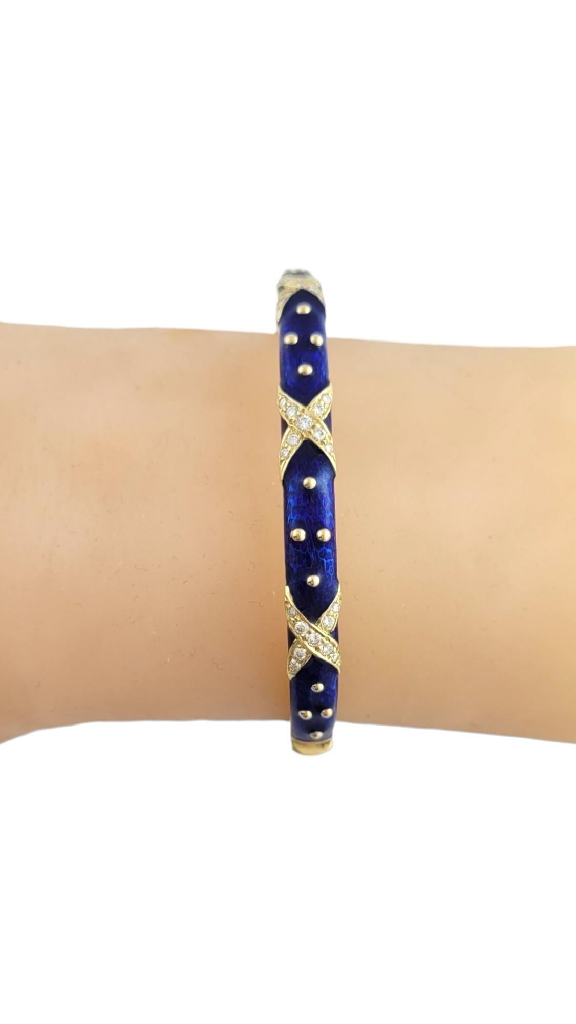Hidalgo 18K Yellow Gold Blue Enamel Diamond X Hinged Bangle Bracelet #16086 For Sale 3