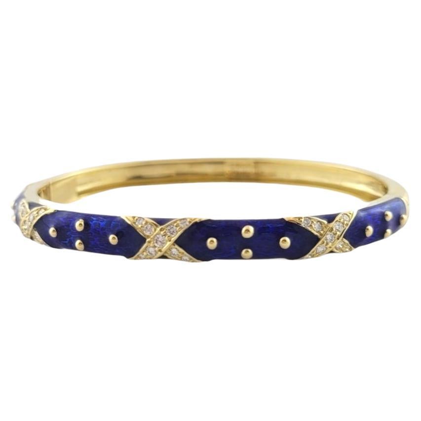 Hidalgo 18K Yellow Gold Blue Enamel Diamond X Hinged Bangle Bracelet #16086 For Sale