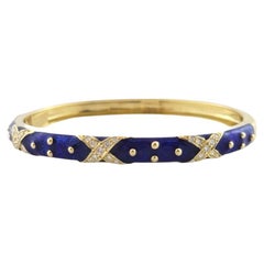 Hidalgo 18K Yellow Gold Blue Enamel Diamond X Hinged Bangle Bracelet #16086