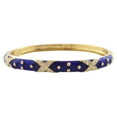 Hidalgo 18K Yellow Gold Blue Enamel Diamond X Hinged Bangle Bracelet #16086