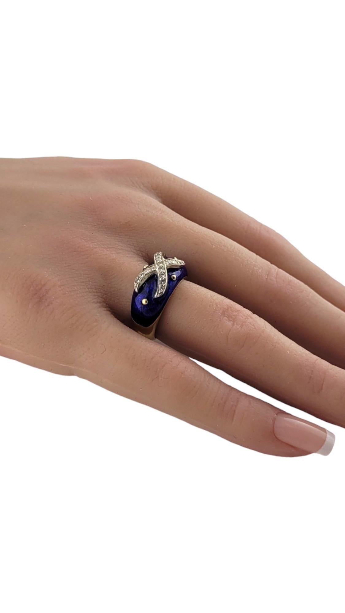 Women's Hidalgo 18K Yellow Gold Blue Enamel Diamond X Ring Size 6.5 #18221 For Sale