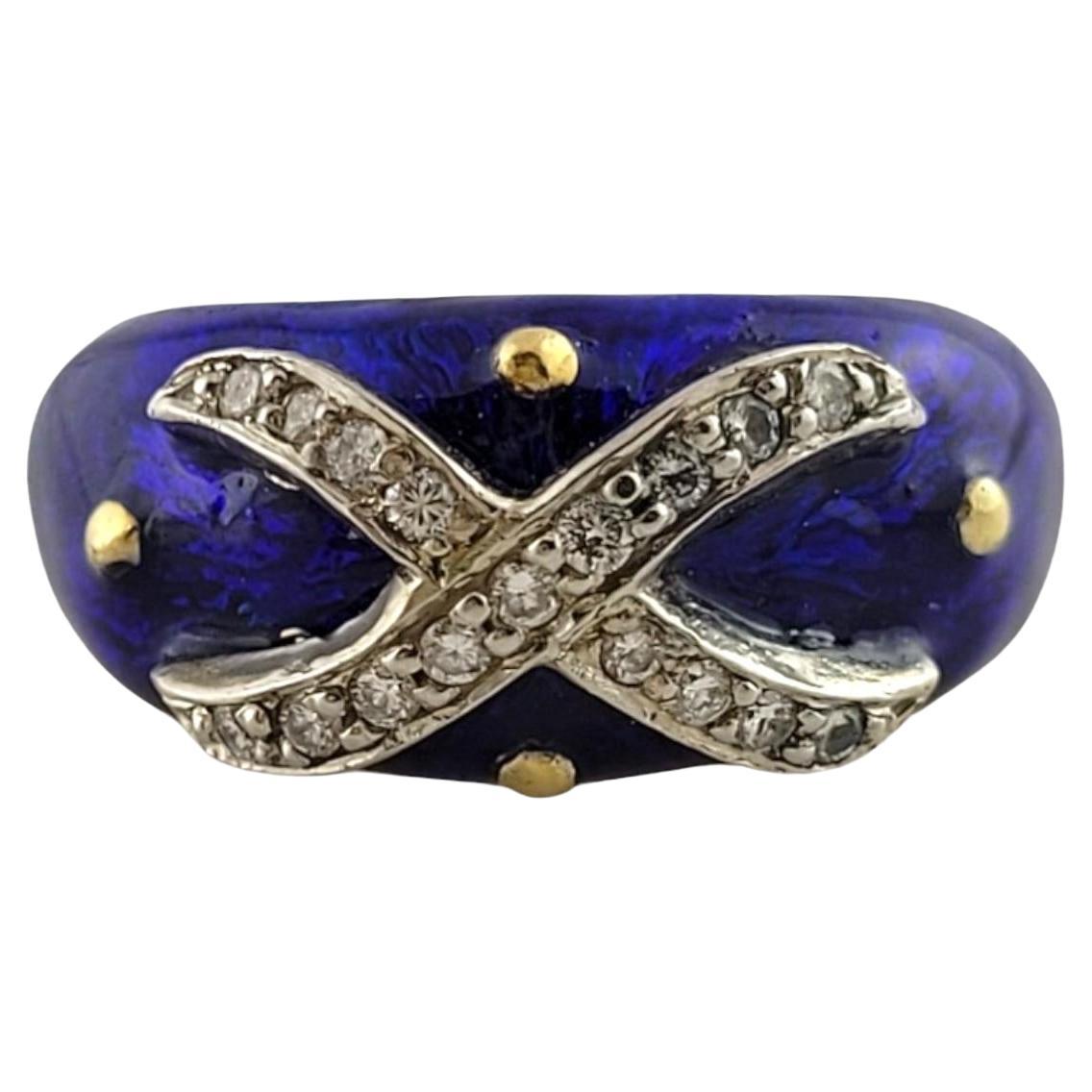 Hidalgo 18K Gelbgold Blau Emaille Diamant X Ring Größe 6,5 #18221