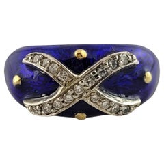 Hidalgo 18K Yellow Gold Blue Enamel Diamond X Ring Size 6.5 #18221