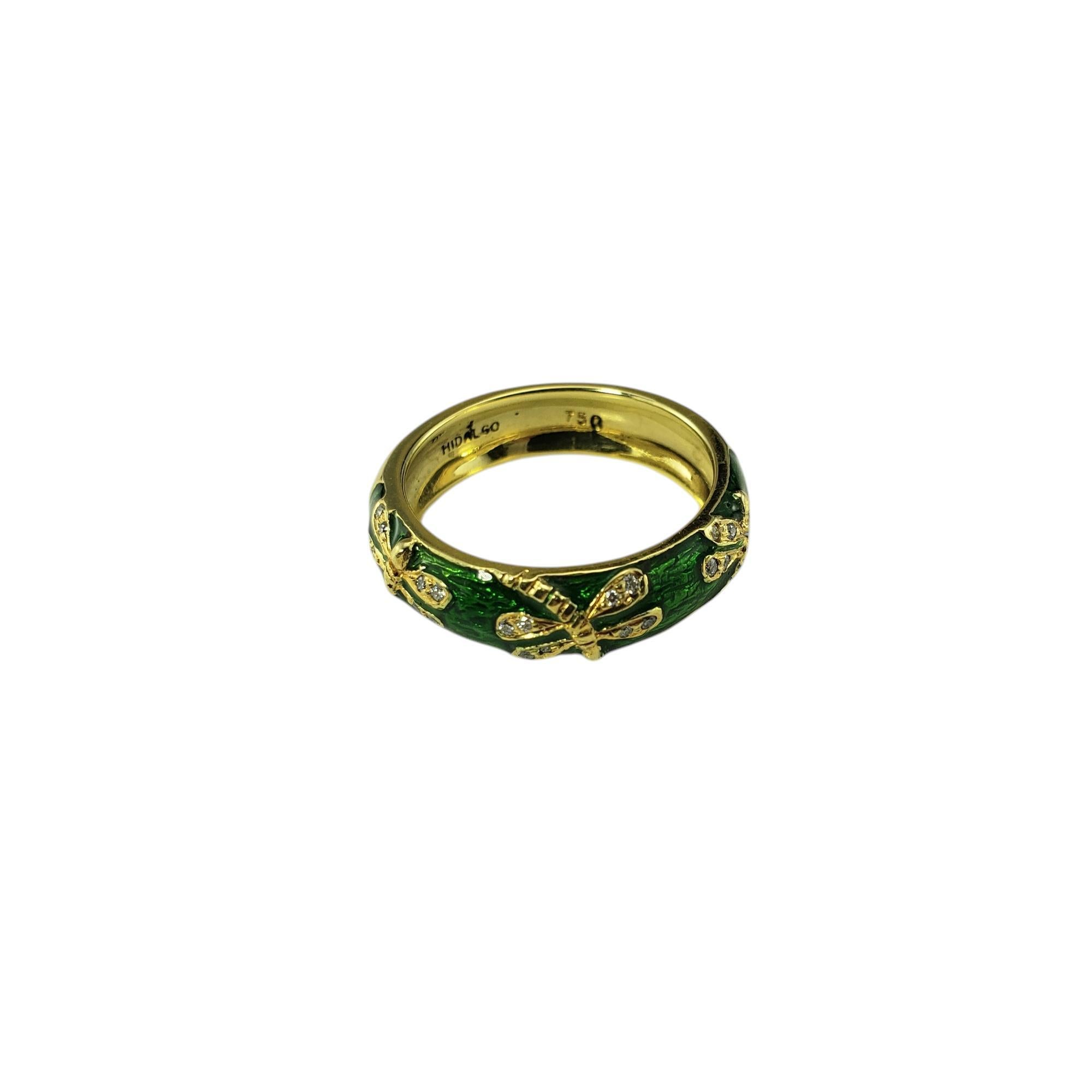 Hidalgo 18K Yellow Gold Diamond Dragonfly Green Enamel Ring Size 6.5

This breathtaking Hidalgo ring features vibrant green guilloche enamel and 18K yellow gold decorated with 3 sparkling diamond dragonflies.

Width: 5 mm.

Approximate total diamond