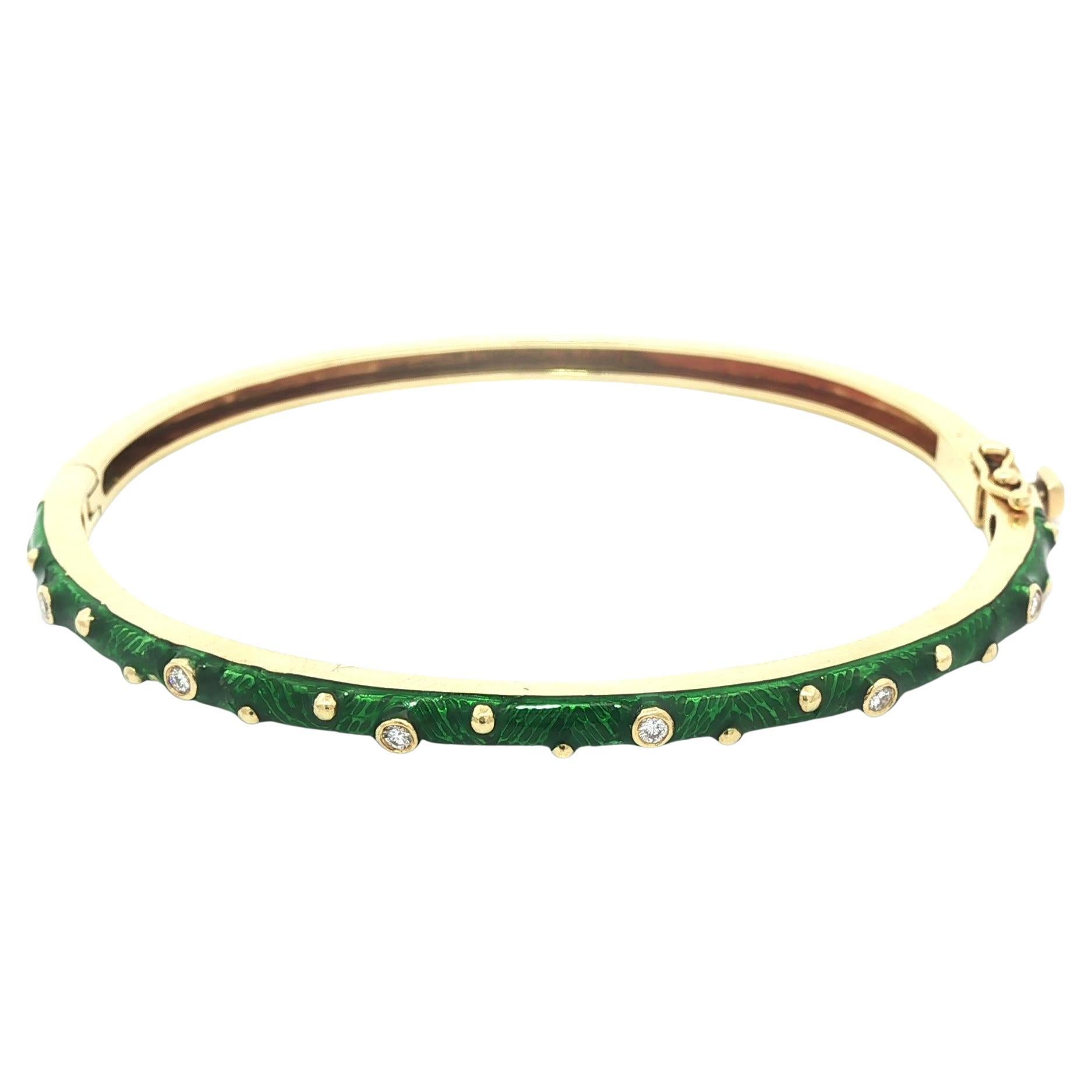 Hidalgo Bracelet à charnière en or jaune 18k avec diamants et émail vert