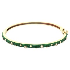 Hidalgo 18k Yellow Gold Diamond Green Enamel Work Hinged Bangle Bracelet