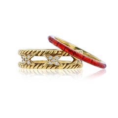 Hidalgo 18K Yellow Gold Diamond Jacket with Red Enamel Insert Ring Set