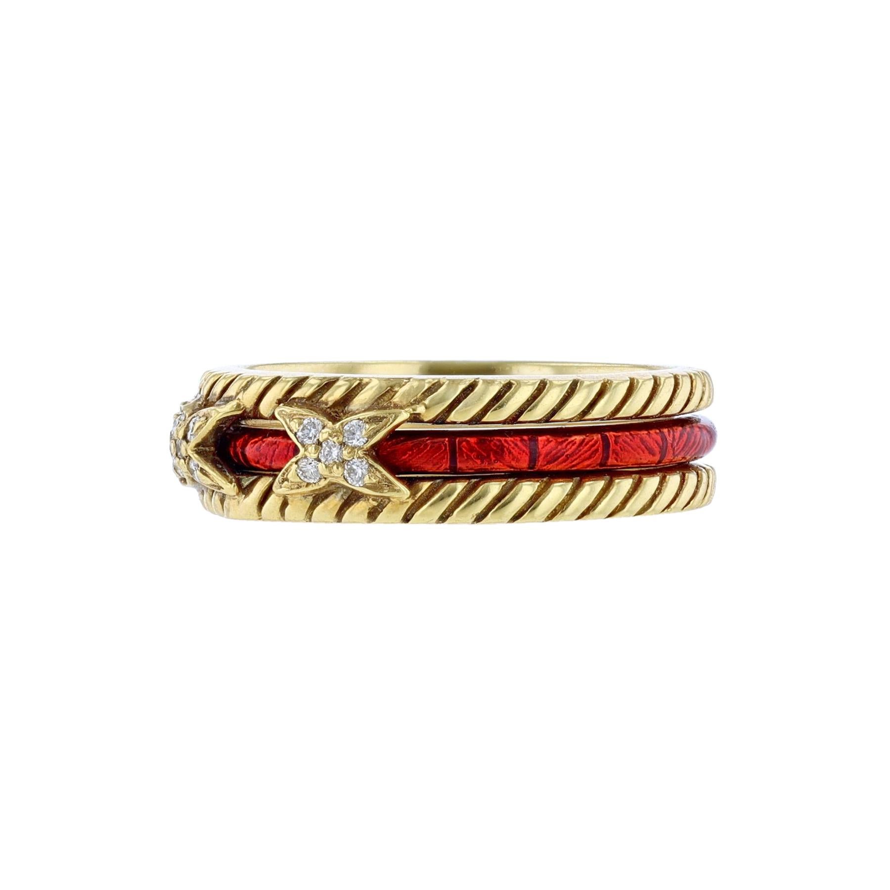 Taille ronde Hidalgo Veste en or jaune 18 carats avec diamants et bague à insérer en émail rouge en vente