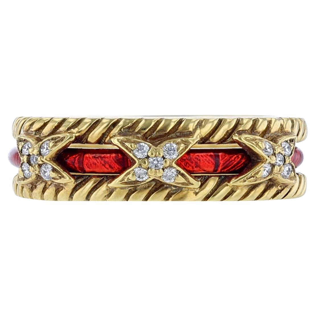 Hidalgo 18K Yellow Gold Diamond Jacket with Red Enamel Insert Ring Set For Sale