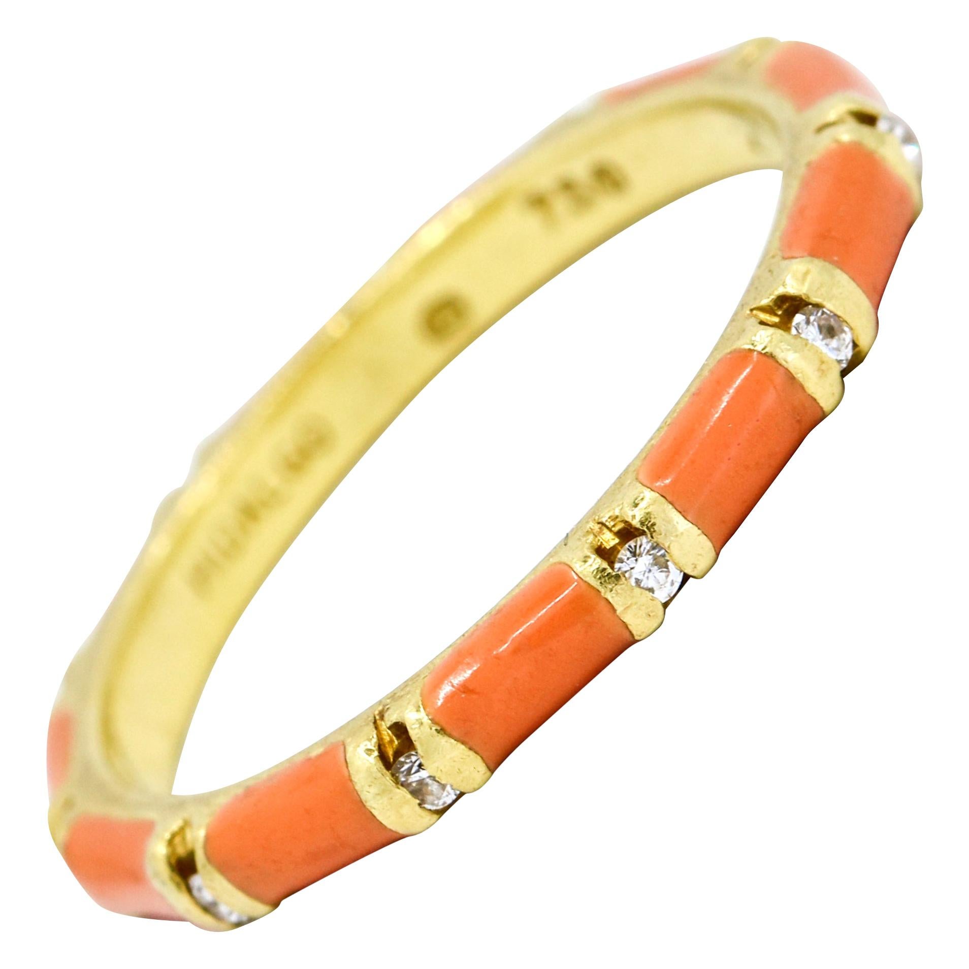 Hidalgo 18 Karat Yellow Gold Diamond Pink Enamel Band For Sale