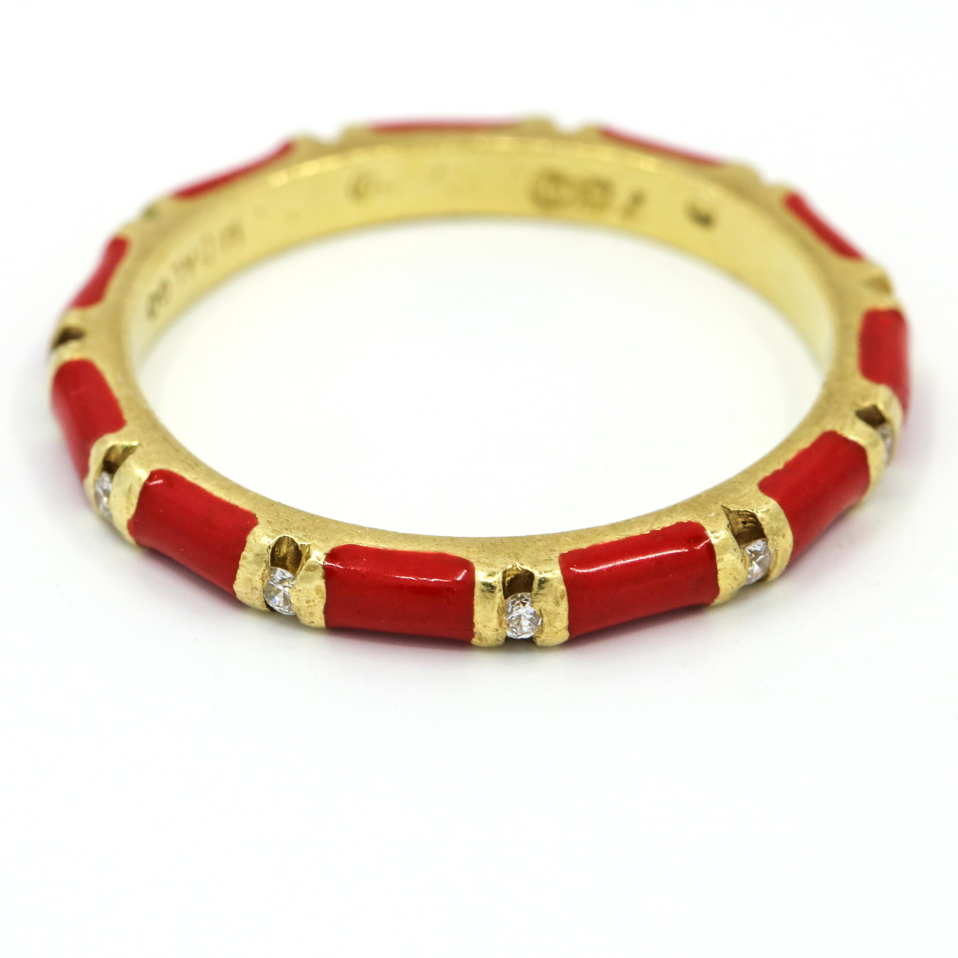 Round Cut Hidalgo 18 Karat Yellow Gold Diamond Red Enamel Band Ring For Sale
