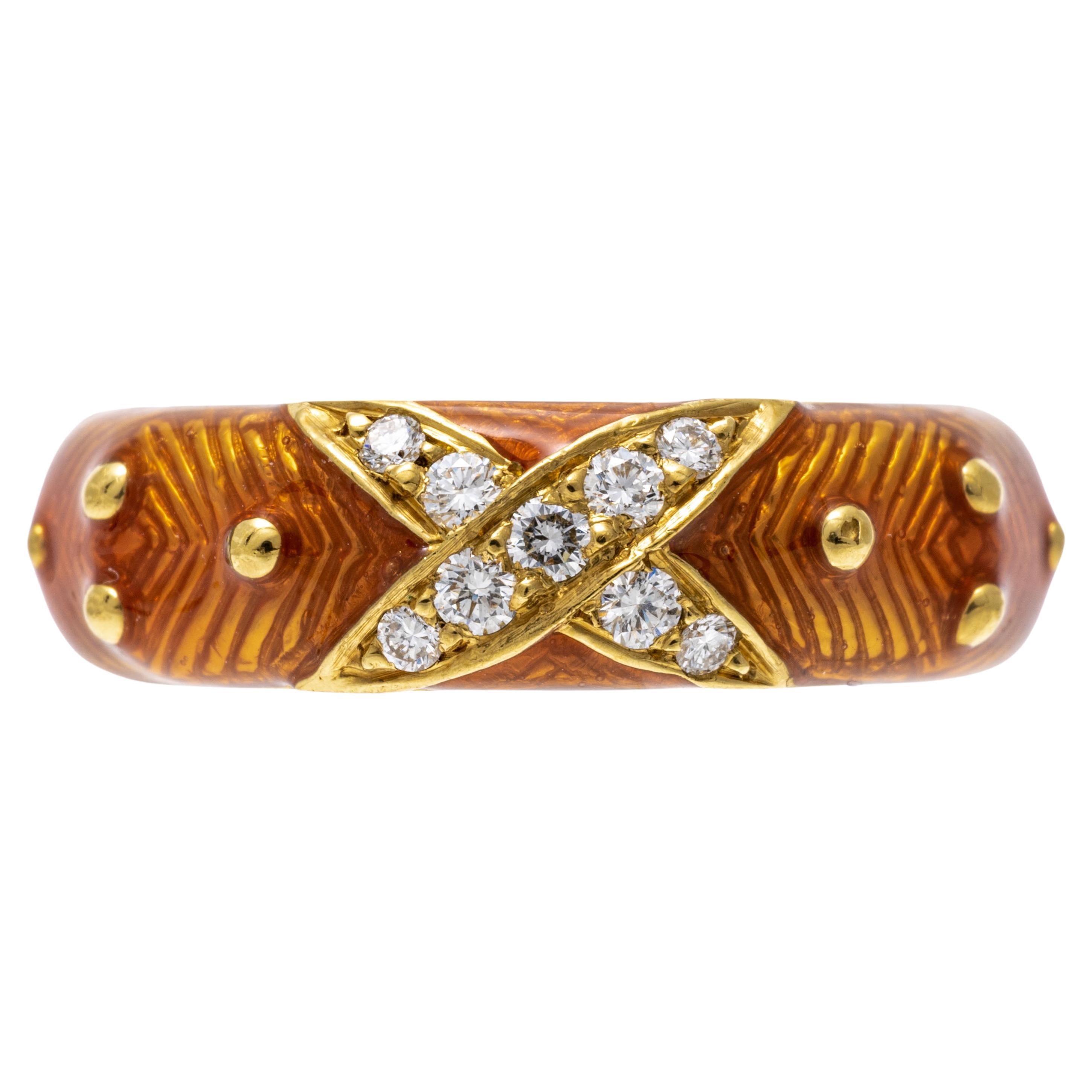 Hidalgo 18k Yellow Gold Peach Enamel and Diamond "x" Band Ring For Sale