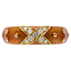 Hidalgo 18k Yellow Gold Peach Enamel and Diamond "x" Band Ring