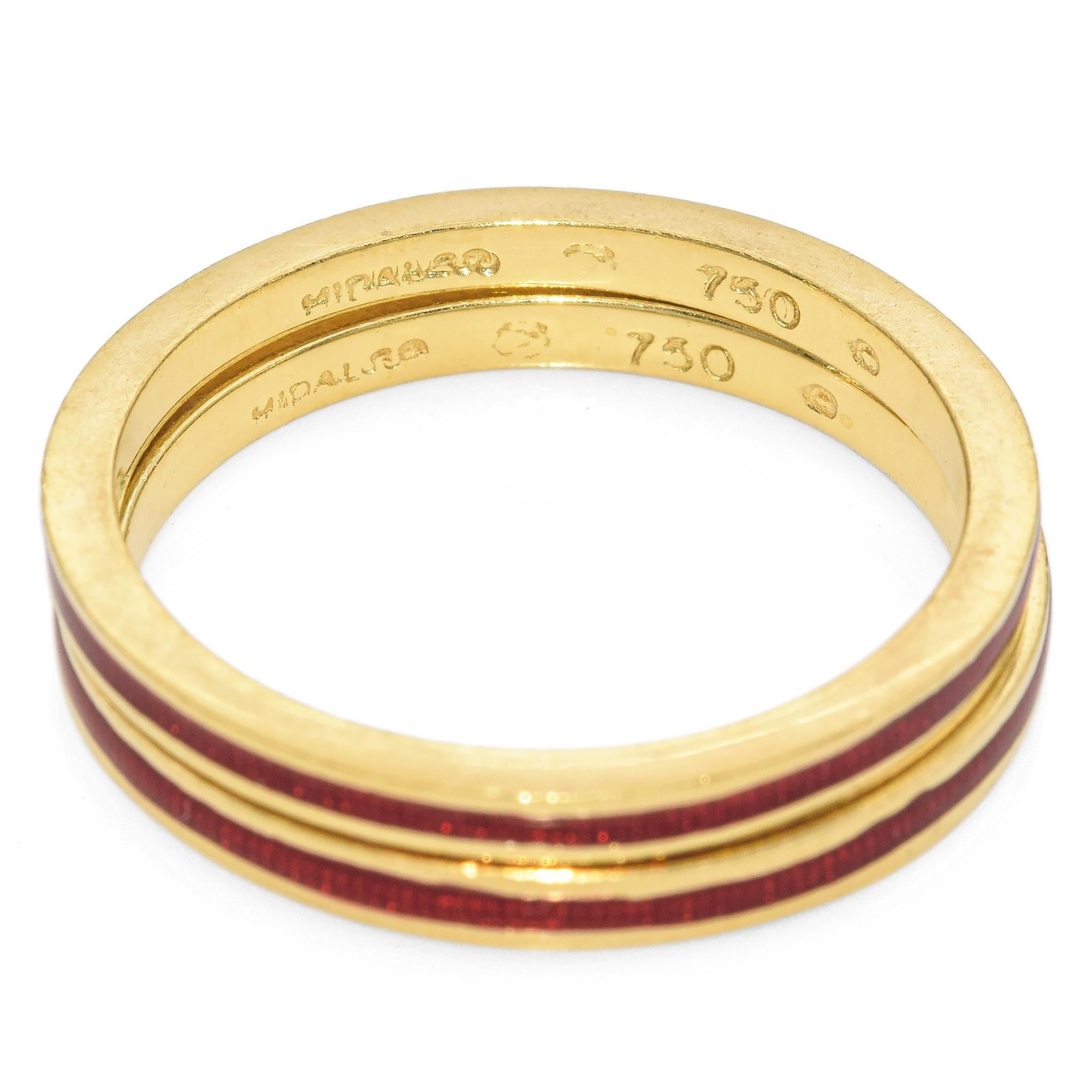Women's Hidalgo 18K Yellow Gold Red Enamel Stackable Band Rings - Lot of 2