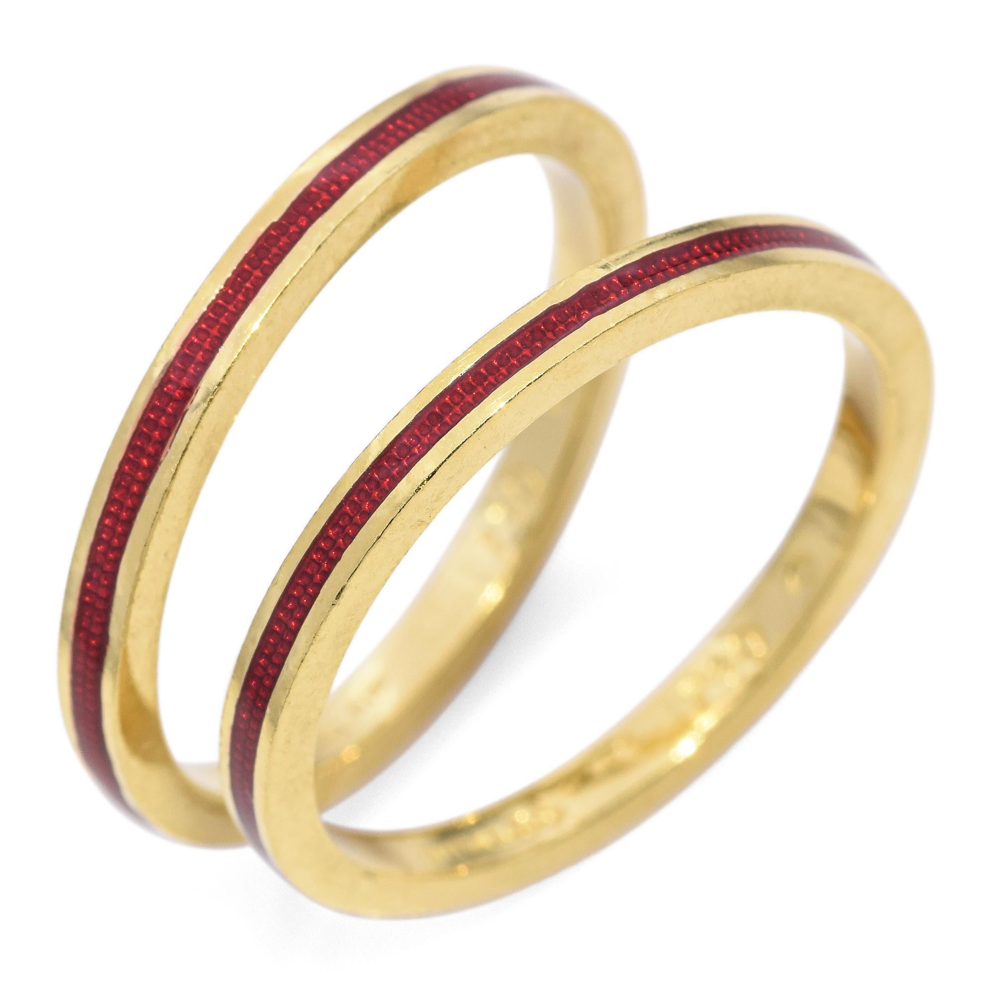 Hidalgo 18K Yellow Gold Red Enamel Stackable Band Rings - Lot of 2 1