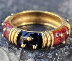 Hidalgo 18k Yellow Gold Ring Band Red Black Enamel Dots Beads sz 6.5 6mm