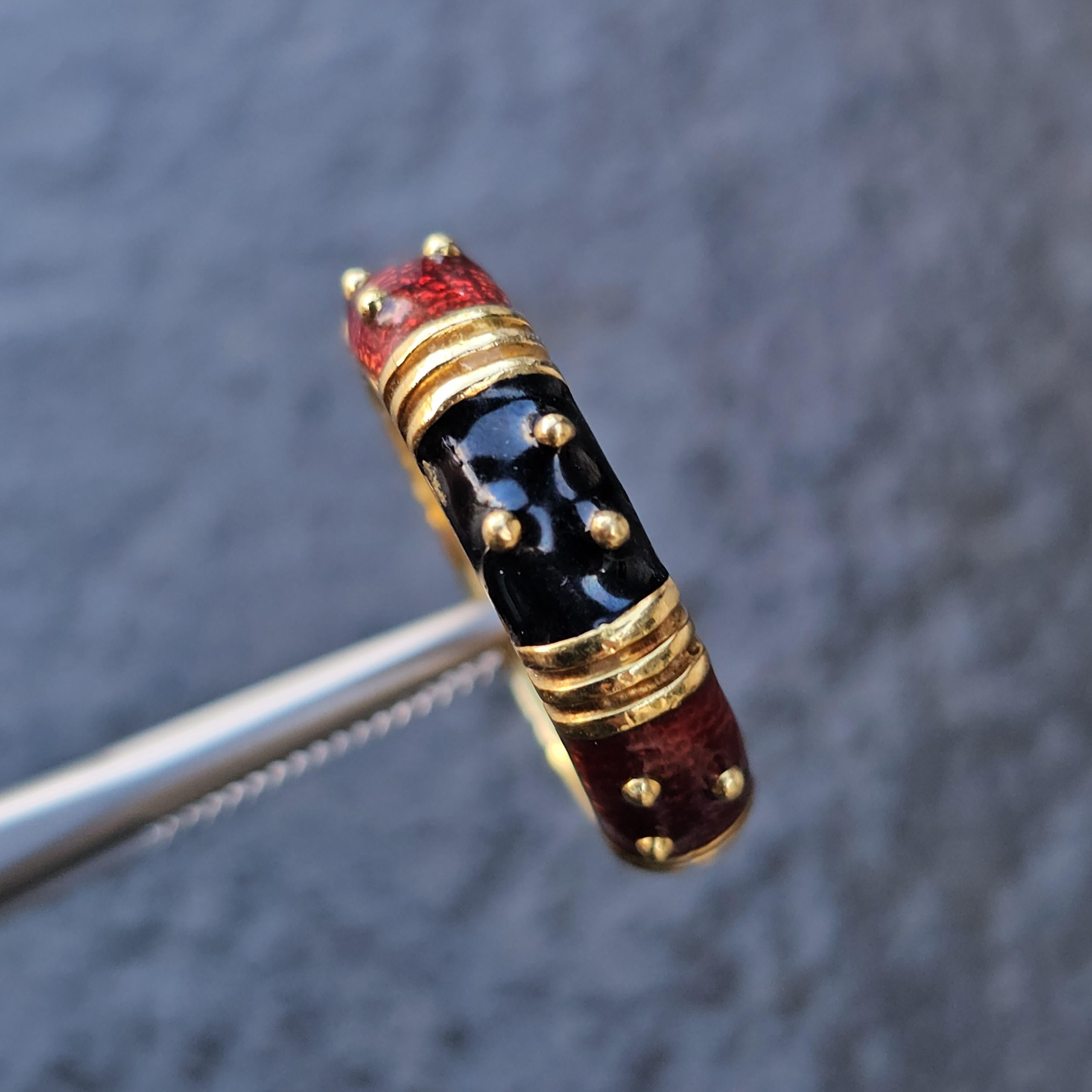 Hidalgo bague en or jaune 18k rouge émail noir points perles sz 6.5 6mm en vente 2