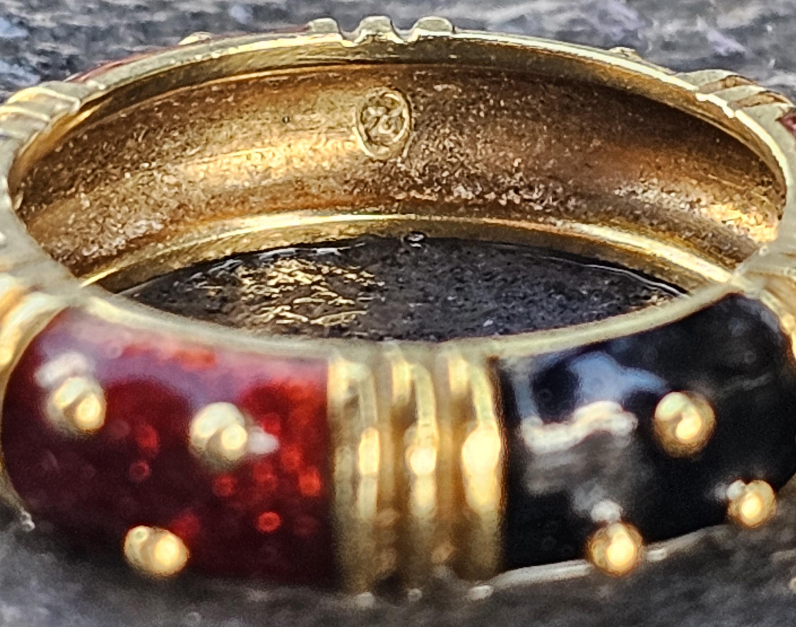 Hidalgo bague en or jaune 18k rouge émail noir points perles sz 6.5 6mm en vente 3