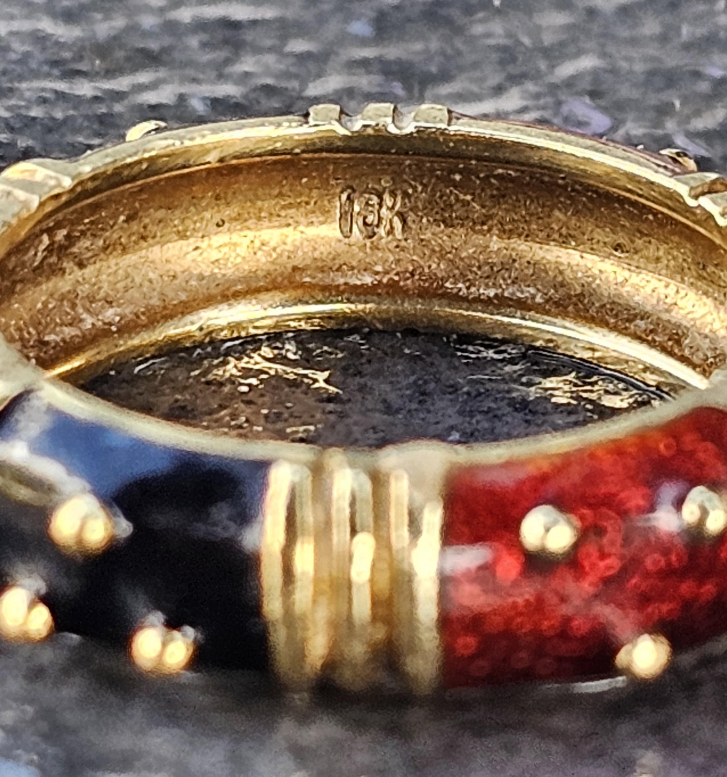 Hidalgo bague en or jaune 18k rouge émail noir points perles sz 6.5 6mm en vente 4