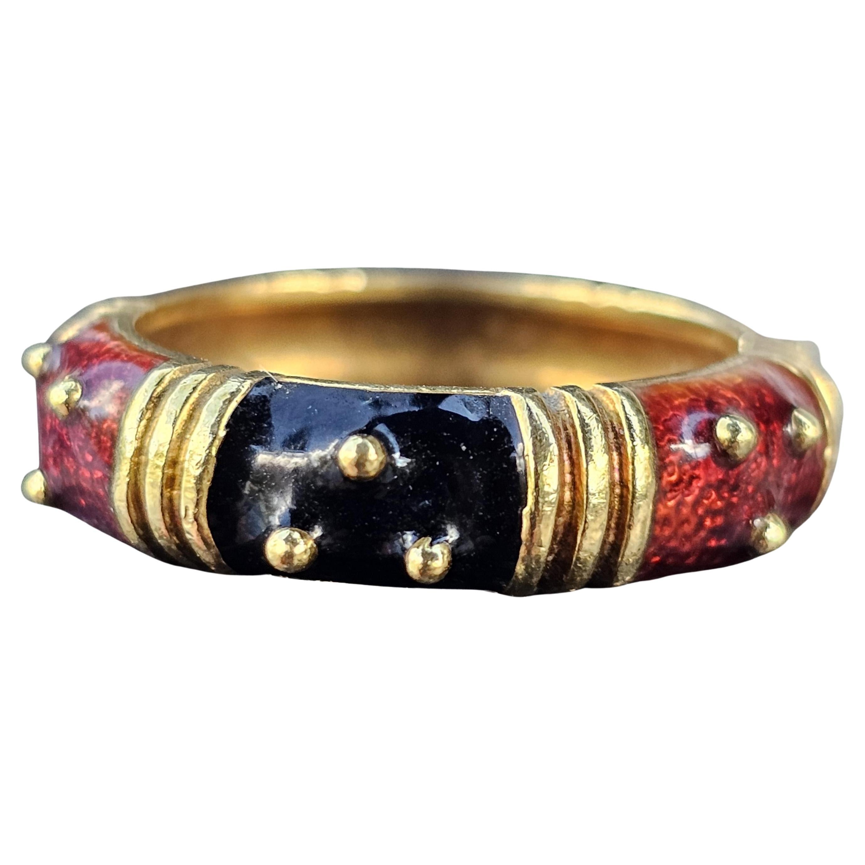 Hidalgo bague en or jaune 18k rouge émail noir points perles sz 6.5 6mm en vente