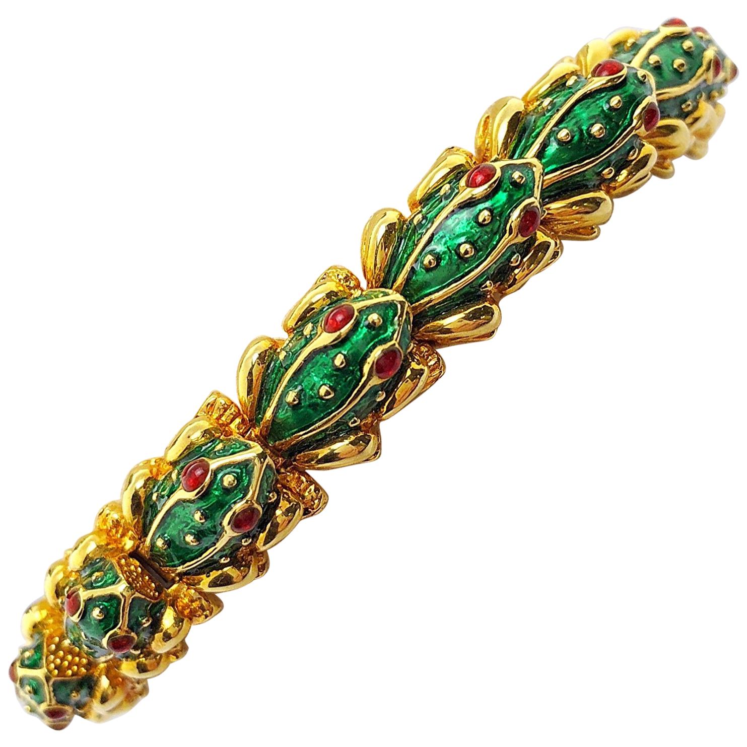 Hidalgo 18 Karat Yellow Gold, Green Enamel and Ruby Frog Bracelet For Sale